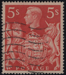 142858 1939 5s RED (SG477) 'LARGE PART 'T' GUIDE IN 'T' OF POSTAGE', GOOD USED.