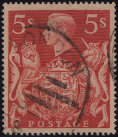 142861 1939 5s RED (SG477) 'MINOR RE-ENTRY TO SHIELD ETC', GOOD USED.