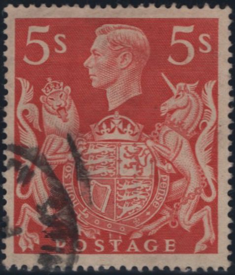 142862 1939 5s RED (SG477) 'T' GUIDE IN KING'S HAIR', GOOD USED.