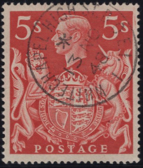 142863 1939 5s RED (SG477) 'MAJOR RE-ENTRY TO SHIELD' (SPEC Q31a), SUPERB USED.