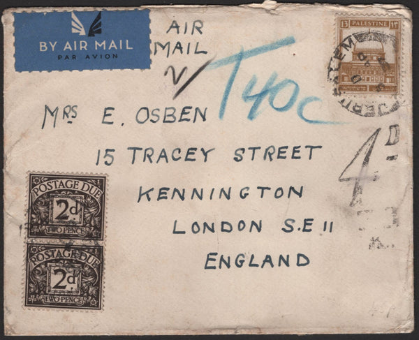 142864 1937 AIRMAIL  PALESTINE TO LONDON, POSTAGE UNDERPAID WITH POSTAGE DUES.