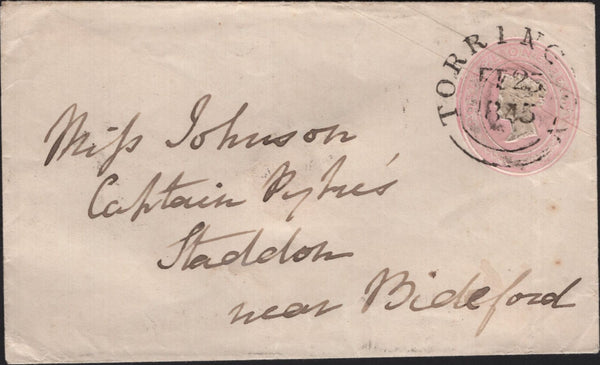 142868 1845 1d PINK ENVELOPE USED TORRINGTON, DEVON TO BIDEFORD CANCELLED 'TORRINGTON' WESSEX STYLE DATE STAMP FE 25 1845.