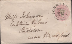 142868 1845 1d PINK ENVELOPE USED TORRINGTON, DEVON TO BIDEFORD CANCELLED 'TORRINGTON' WESSEX STYLE DATE STAMP FE 25 1845.