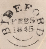 142868 1845 1d PINK ENVELOPE USED TORRINGTON, DEVON TO BIDEFORD CANCELLED 'TORRINGTON' WESSEX STYLE DATE STAMP FE 25 1845.