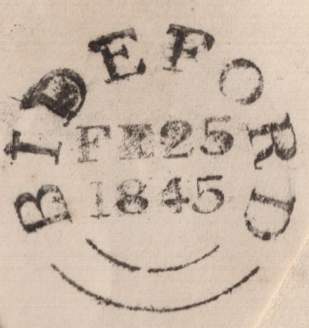 142868 1845 1d PINK ENVELOPE USED TORRINGTON, DEVON TO BIDEFORD CANCELLED 'TORRINGTON' WESSEX STYLE DATE STAMP FE 25 1845.