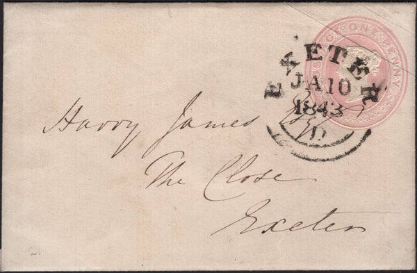 142870 1843 1D PINK ENVELOPE USED LOCALLY IN EXETER, DEVON CANCELLED 'EXETER'  WESSEX STYLE DATE STAMP JA 10 1843.