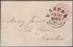 142870 1843 1D PINK ENVELOPE USED LOCALLY IN EXETER, DEVON CANCELLED 'EXETER'  WESSEX STYLE DATE STAMP JA 10 1843.