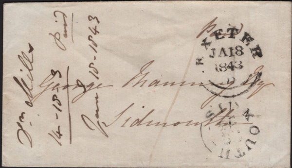 142871 1843 ENVELOPE EXETER, DEVON TO SIDMOUTH, POST PAID IN CASH CANCELLED 'EXETER' WESSEX STYLE DATE STAMP JA 18 1843.
