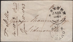 142871 1843 ENVELOPE EXETER, DEVON TO SIDMOUTH, POST PAID IN CASH CANCELLED 'EXETER' WESSEX STYLE DATE STAMP JA 18 1843.