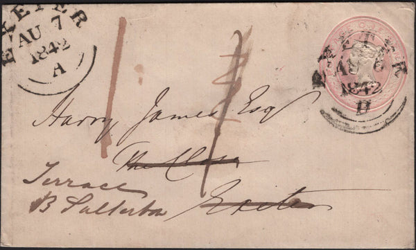 142872 1842 1D PINK ENVELOPE USED LOCALLY IN EXETER, DEVON RE-DIRECTED TO BUDLEIGH SALTERTON WITH 'EXETER' WESSEX STYLE DATE STAMPS.