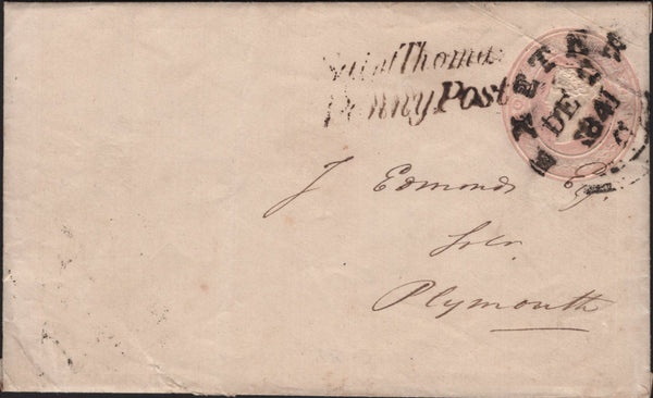 142876 1841 1d PINK ENVELOPE EXETER TO PLYMOUTH CANCELLED 'EXETER' WESSEX STYLE DATE STAMP.
