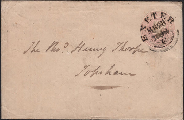 142877 1842 1d PINK ENVELOPE USED LOCALLY EXETER TO TOPSHAM CANCELLED 'EXETER' WESSEX TYPE DATE STAMP MR 28 1842.
