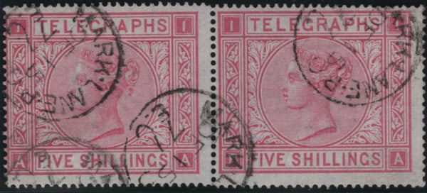 142915 1876 5s TELEGRAPH ROSE PL.1 (T13/L231) FINE TO VERY FINE USED HORIZONTAL PAIR.