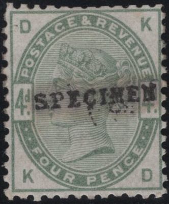 142918 1884 4d GREEN (SG192) PERFORATION 12 'SPECIMEN' TYPE 9 (SPEC K22t) GOOD UNUSED.