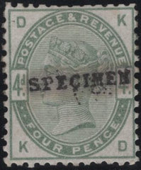 142918 1884 4d GREEN (SG192) PERFORATION 12 'SPECIMEN' TYPE 9 (SPEC K22t) GOOD UNUSED.
