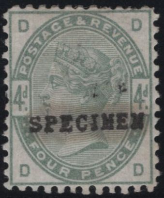142919 1884 4d GREEN (SG192) PERFORATION 12 'SPECIMEN' TYPE 9 (SPEC K22t) GOOD TO FINE UNUSED.