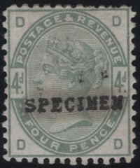 142919 1884 4d GREEN (SG192) PERFORATION 12 'SPECIMEN' TYPE 9 (SPEC K22t) GOOD TO FINE UNUSED.