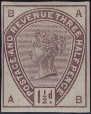 142920 1884 STAMP COMMITTEE DE LA RUE 1½d (SG188) IMPERFORATE COLOUR TRIAL IN PURPLE ON GUMMED WHITE WATERMARKED CROWN PAPER