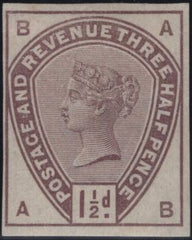 142920 1884 STAMP COMMITTEE DE LA RUE 1½d (SG188) IMPERFORATE COLOUR TRIAL IN PURPLE ON GUMMED WHITE WATERMARKED CROWN PAPER