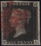 142922 1840 1D BLACK PL.TEN (SG2)(TA) MAJOR RE-ENTRY (SPEC AS66a/AS66h)  FINE TO VERY FINE USED WITH RED MALTESE CROSS.