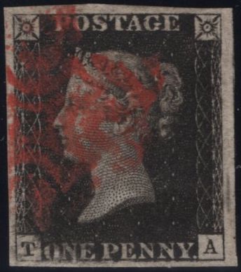 142922 1840 1D BLACK PL.TEN (SG2)(TA) MAJOR RE-ENTRY (SPEC AS66a/AS66h)  FINE TO VERY FINE USED WITH RED MALTESE CROSS.