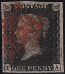 142922 1840 1D BLACK PL.TEN (SG2)(TA) MAJOR RE-ENTRY (SPEC AS66a/AS66h)  FINE TO VERY FINE USED WITH RED MALTESE CROSS.