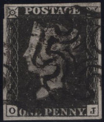 142923 1840 1D BLACK PL.TEN (SG2)(OJ) FINE USED.