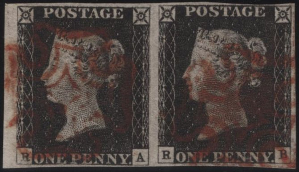 142932 1840 HORIZONTAL PAIR 1D BLACK PL.2 (SG2)(RA-RB) FINE USED.