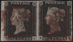 142932 1840 HORIZONTAL PAIR 1D BLACK PL.2 (SG2)(RA-RB) FINE USED.