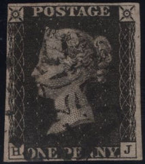 142952 1840-1841 MATCHED PAIR 1D BLACK PL.5 (SG2) AND 1D RED (SG7) LETTERED HJ, 1D BLACK FINE STRIKE WOTTON UNDER EDGE DISTINCTIVE MALTESE CROSS (SPEC A1 um).