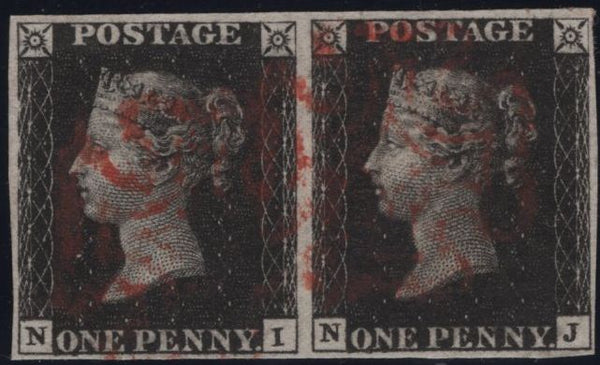 142959 1840 1D BLACK PL.5 (SG2) FINE USED HORIZONTAL PAIR (NI-NJ).