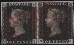 142959 1840 1D BLACK PL.5 (SG2) FINE USED HORIZONTAL PAIR (NI-NJ).