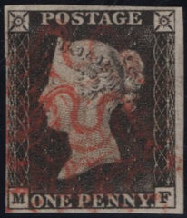 142967 1840-1841 MATCHED TRIO 1D GREY- BLACK PL.1A (SG3) 1D BLACK PL.1B (SG2) AND 1D RED PL.1B (SG7) LETTERED MF ALL SHOWING CONSTANT VARIETY 'M DOUBLE'