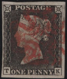 142968 1840 MATCHED PAIR 1D BLACKS PL.1A (SG3) AND PL.1B (SG2) LETTERED TK SHOWING FINE CONSTANT VARIETY 'T DOUBLE AT UPPER LEFT' (SPEC AS2d/AS5f).
