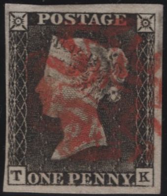 142968 1840 MATCHED PAIR 1D BLACKS PL.1A (SG3) AND PL.1B (SG2) LETTERED TK SHOWING FINE CONSTANT VARIETY 'T DOUBLE AT UPPER LEFT' (SPEC AS2d/AS5f).