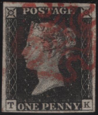 142968 1840 MATCHED PAIR 1D BLACKS PL.1A (SG3) AND PL.1B (SG2) LETTERED TK SHOWING FINE CONSTANT VARIETY 'T DOUBLE AT UPPER LEFT' (SPEC AS2d/AS5f).
