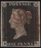 142971  1840-1841 MATCHED TRIO 1D BLACKS PL.1A (SG2) PL.1B (SG2) AND 1D RED PL.1C (SG7/SPEC AS8) LETTERED BL.