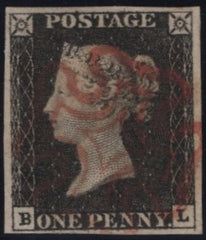 142971  1840-1841 MATCHED TRIO 1D BLACKS PL.1A (SG2) PL.1B (SG2) AND 1D RED PL.1C (SG7/SPEC AS8) LETTERED BL.