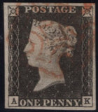 142972 1840-1841 MATCHED TRIO 1D BLACKS PL.1A (SG2) PL.1B (SG2) AND 1D RED PL.1C (SG7/SPEC AS8) LETTERED AK, PLATE 1B CONSTANT VARIETY 'RE-CUT LETTER SQUARE' (SPEC AS5i).
