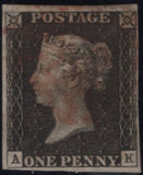 142972 1840-1841 MATCHED TRIO 1D BLACKS PL.1A (SG2) PL.1B (SG2) AND 1D RED PL.1C (SG7/SPEC AS8) LETTERED AK, PLATE 1B CONSTANT VARIETY 'RE-CUT LETTER SQUARE' (SPEC AS5i).