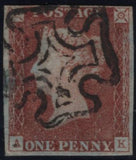 142972 1840-1841 MATCHED TRIO 1D BLACKS PL.1A (SG2) PL.1B (SG2) AND 1D RED PL.1C (SG7/SPEC AS8) LETTERED AK, PLATE 1B CONSTANT VARIETY 'RE-CUT LETTER SQUARE' (SPEC AS5i).