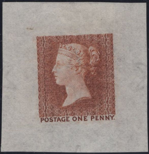 142973 1919 DIE PROOF IN ORANGE-BROWN OF THE FIRST BACKGROUND (LATER REJECTED) FOR THE 1840 ONE PENNY STAMP  (SPEC DP8c).
