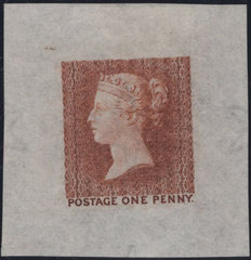 142973 1919 DIE PROOF IN ORANGE-BROWN OF THE FIRST BACKGROUND (LATER REJECTED) FOR THE 1840 ONE PENNY STAMP  (SPEC DP8c).