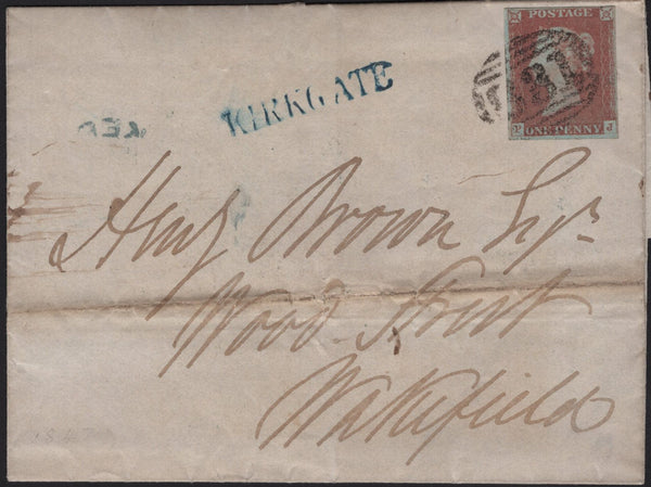 142975 1847 MAIL USED LOCALLY IN WAKEFIELD 1D (SG8) FINE USED 'KIRKGATE' STRAIGHT LINE RECEIVED HANDSTAMP  IN BLUE (YK3093).