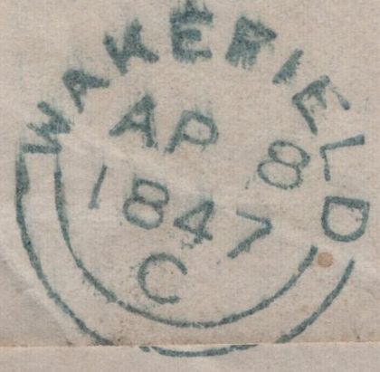 142975 1847 MAIL USED LOCALLY IN WAKEFIELD 1D (SG8) FINE USED 'KIRKGATE' STRAIGHT LINE RECEIVED HANDSTAMP  IN BLUE (YK3093).