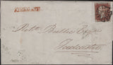 142976 1843 MAIL LOFTHOUSE, WAKEFIELD TO TADCASTER 1D (SG8) 'KIRKGATE' STRAIGHT LINE RECEIVERS HANDSTAMP IN RED (YK3093).