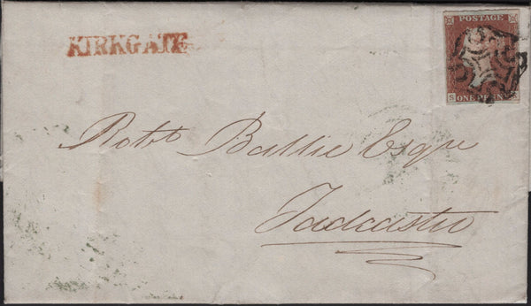 142976 1843 MAIL LOFTHOUSE, WAKEFIELD TO TADCASTER 1D (SG8) 'KIRKGATE' STRAIGHT LINE RECEIVERS HANDSTAMP IN RED (YK3093).
