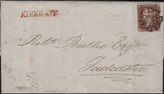 142976 1843 MAIL LOFTHOUSE, WAKEFIELD TO TADCASTER 1D (SG8) 'KIRKGATE' STRAIGHT LINE RECEIVERS HANDSTAMP IN RED (YK3093).