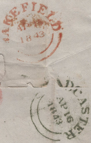 142976 1843 MAIL LOFTHOUSE, WAKEFIELD TO TADCASTER 1D (SG8) 'KIRKGATE' STRAIGHT LINE RECEIVERS HANDSTAMP IN RED (YK3093).