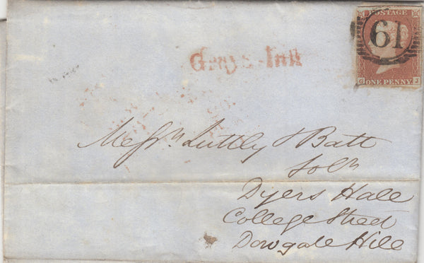 142977 1848 MAIL USED IN LONDON 1D PL.85 (SG8) 'Grays Inn' HANDSTAMP 'L514/GRAY9a'.